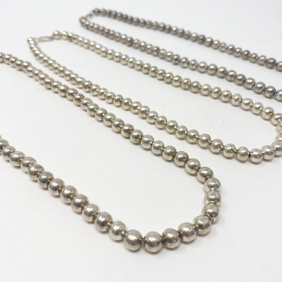 563 Set of Three Handmade Sterling Silver Bead Strand Necklaces, 16inch - Picture 4 of 10